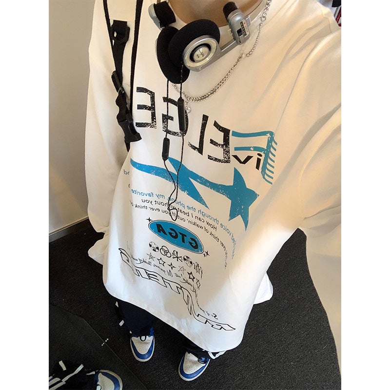 American-Style High Street Letter Star Printed Pure Cotton Long-Sleeved T-Shirt Men'S Fashion Brand Ins Loose Couple Base Shirt - Image 1
